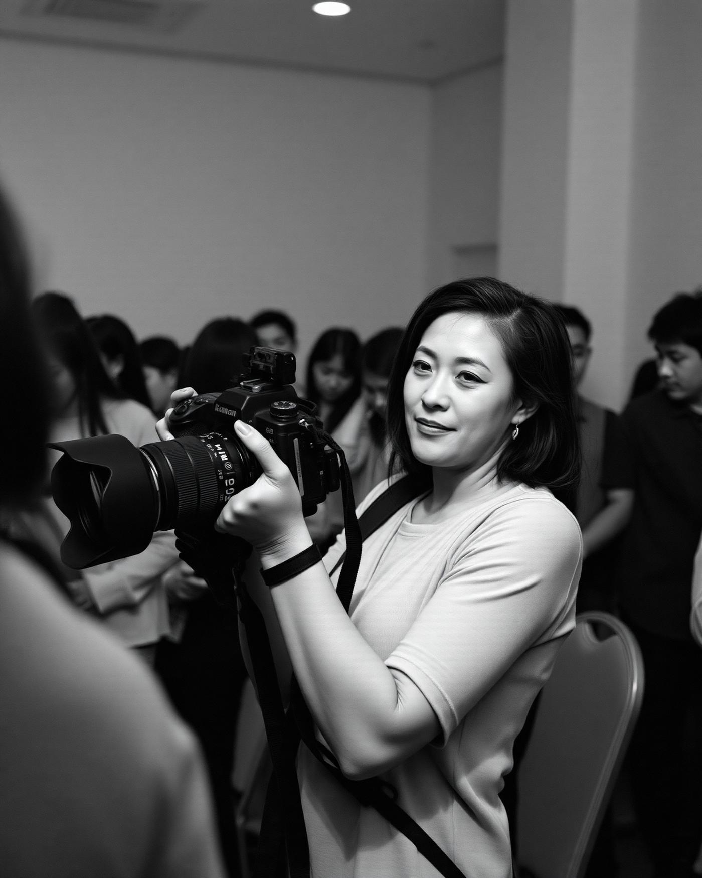 Chelsé Lilly photographing a live event, camera raised, room in motion around her