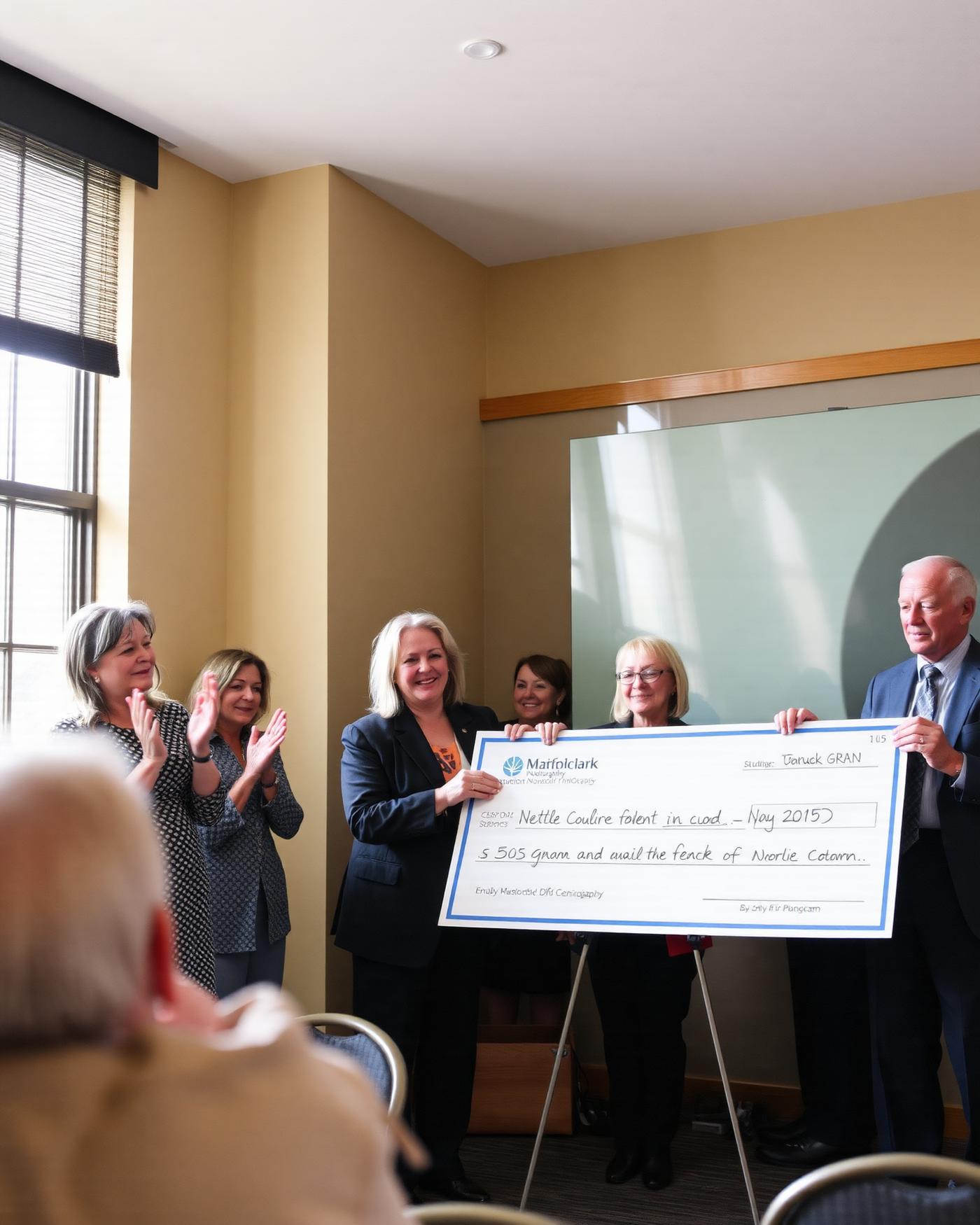 Grant announcement with an oversized check presentation and applause