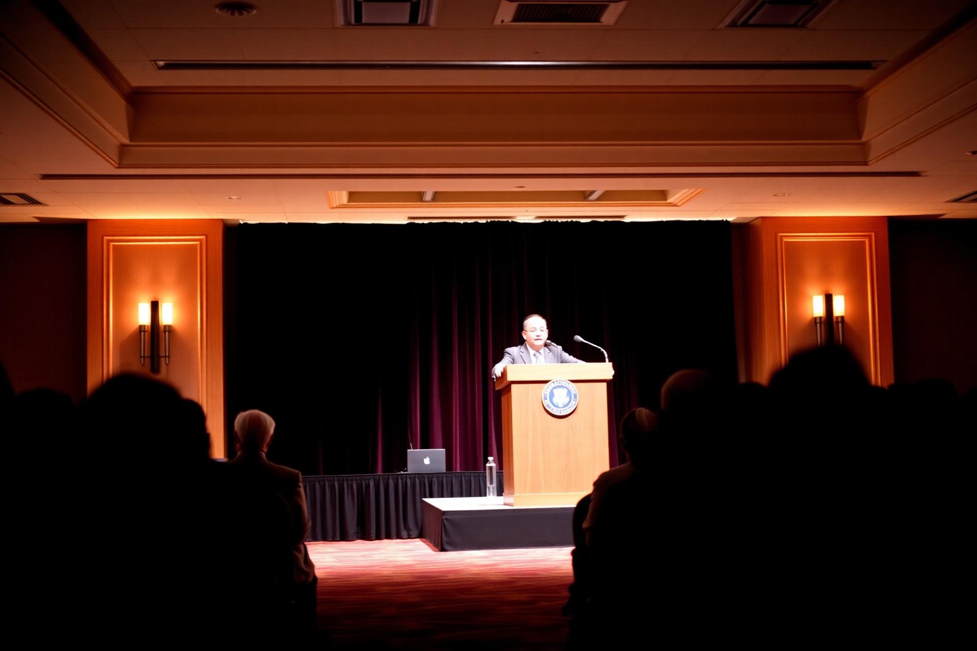 Speaker at a podium during a corporate summit in Dallas, photographed from the back of the room