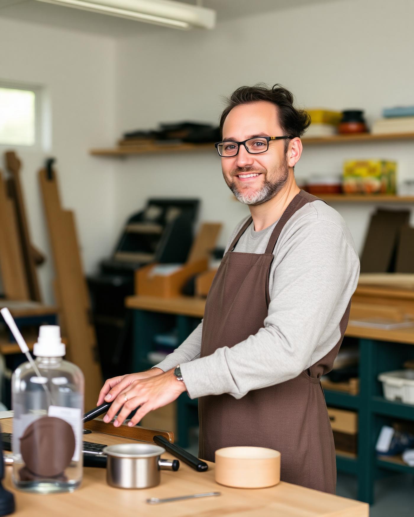 Business owner working in a bright workshop during an on-location session