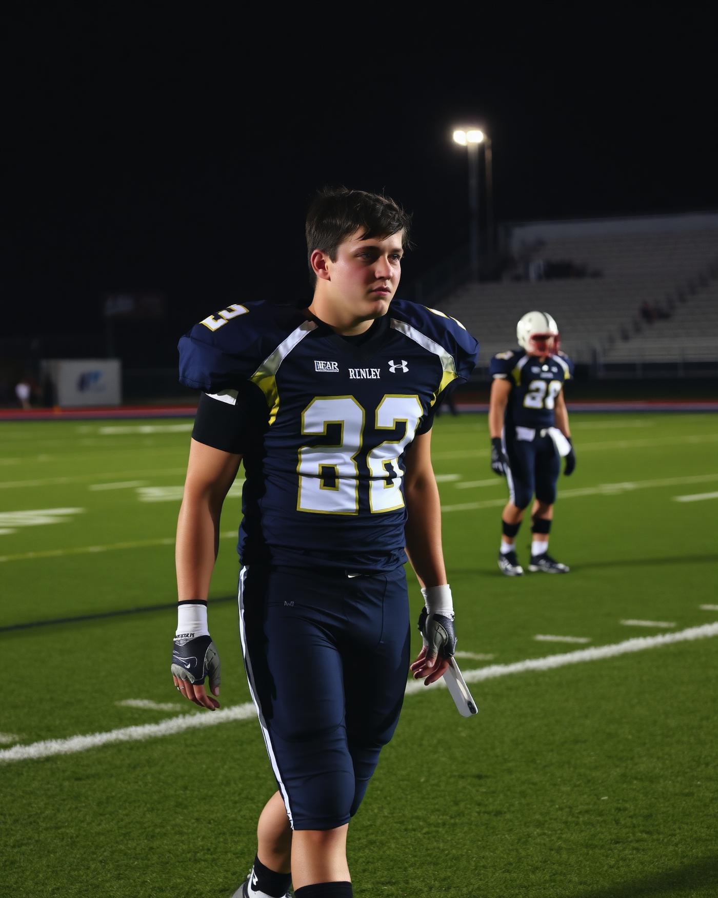 High school football player walking off the field under stadium lights